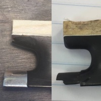 Bow restoration, thumb projection rebuild, before and after